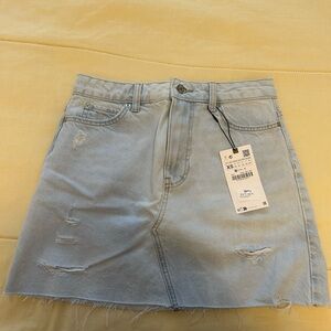 Zara Light Blue Distressed Denim Mini Skirt